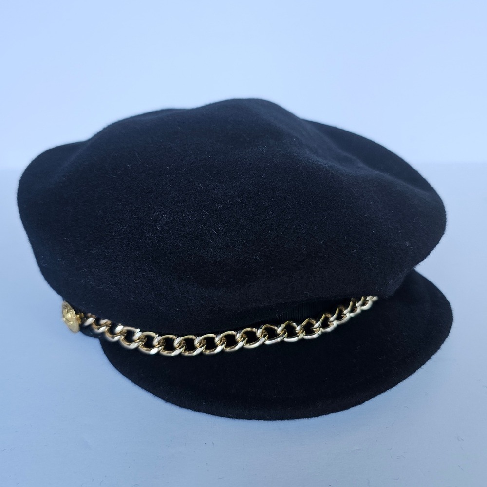 Vintage 90s Bollman Hat Co Black Wool Fiddler Cap Gold Chain Newsboy Hat Medium